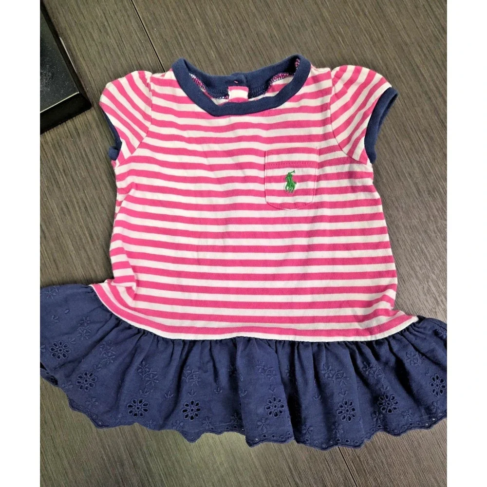 Ralph Lauren Baby Girl 3 months Pink Striped Dress Blue Eyelet‎ Peplum Hem Logo
